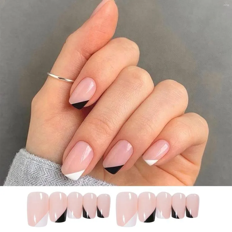 Falska naglar kvinnor mode konstgjorda svart/vit manikyrverktyg nagel tips fyrkantig fransk falsk b￤rbar