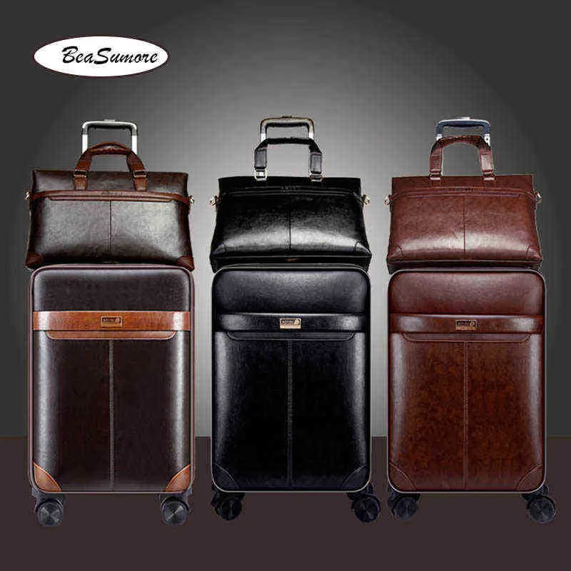 Beasumore Men Business PU skórzany zestaw bagażu spinner cal retro koła walizki kabiny hasło Trolley J220707