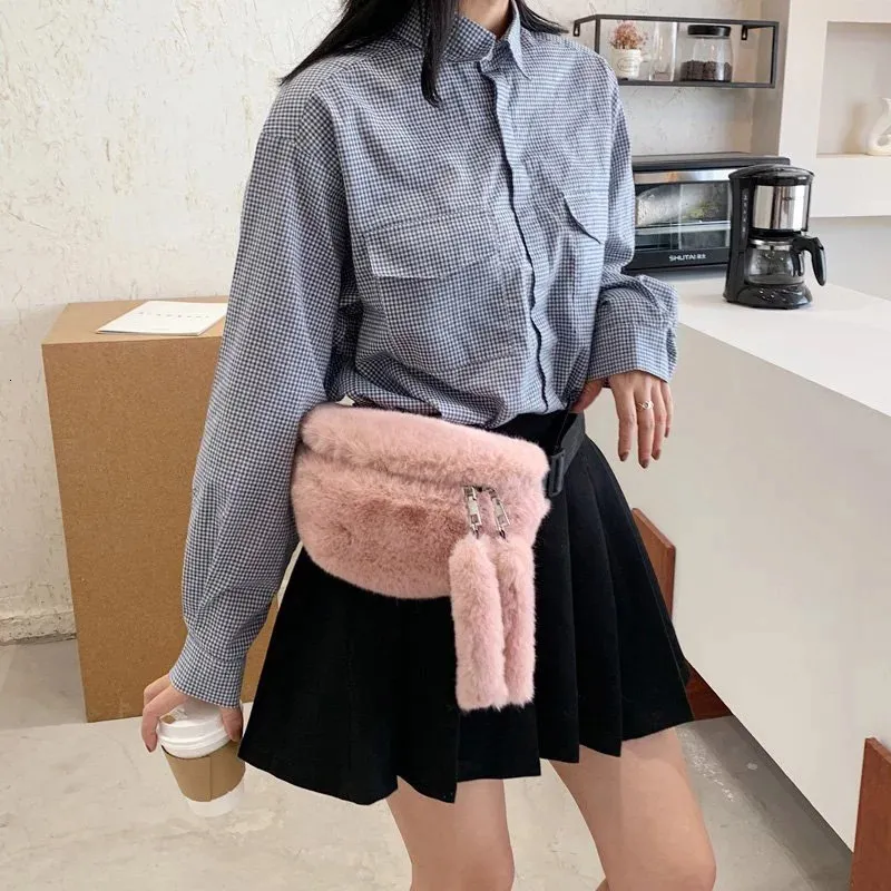 Waist Bags Winter Women Fashion Plush Crossbody Ladies Solid Color Faux Fur Packs Shoulder Rabbit Chest Pack 221124