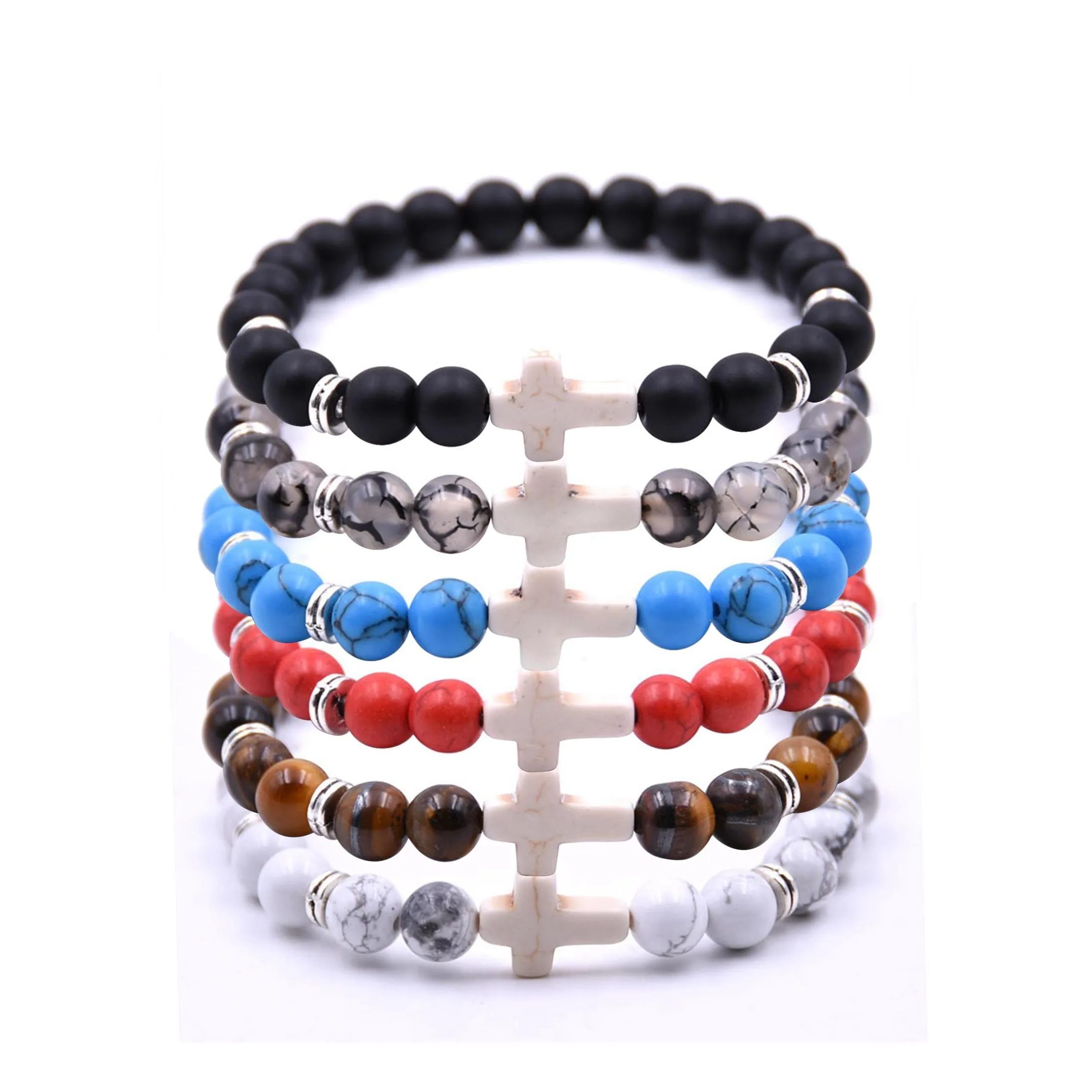 Kralen sieraden kruis kralen strengen armbanden natuursteen 8 mm zwarte lava onyx tijger oog genezen elastische ropepseira mannen vrouwen schrap dhdgo