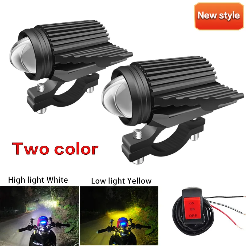 Two Color Motorcycle LED Auxiliary Headlight Spotlight Lamp Work Lights Driving Light Fog Lamp with Switch White Yellow 12V