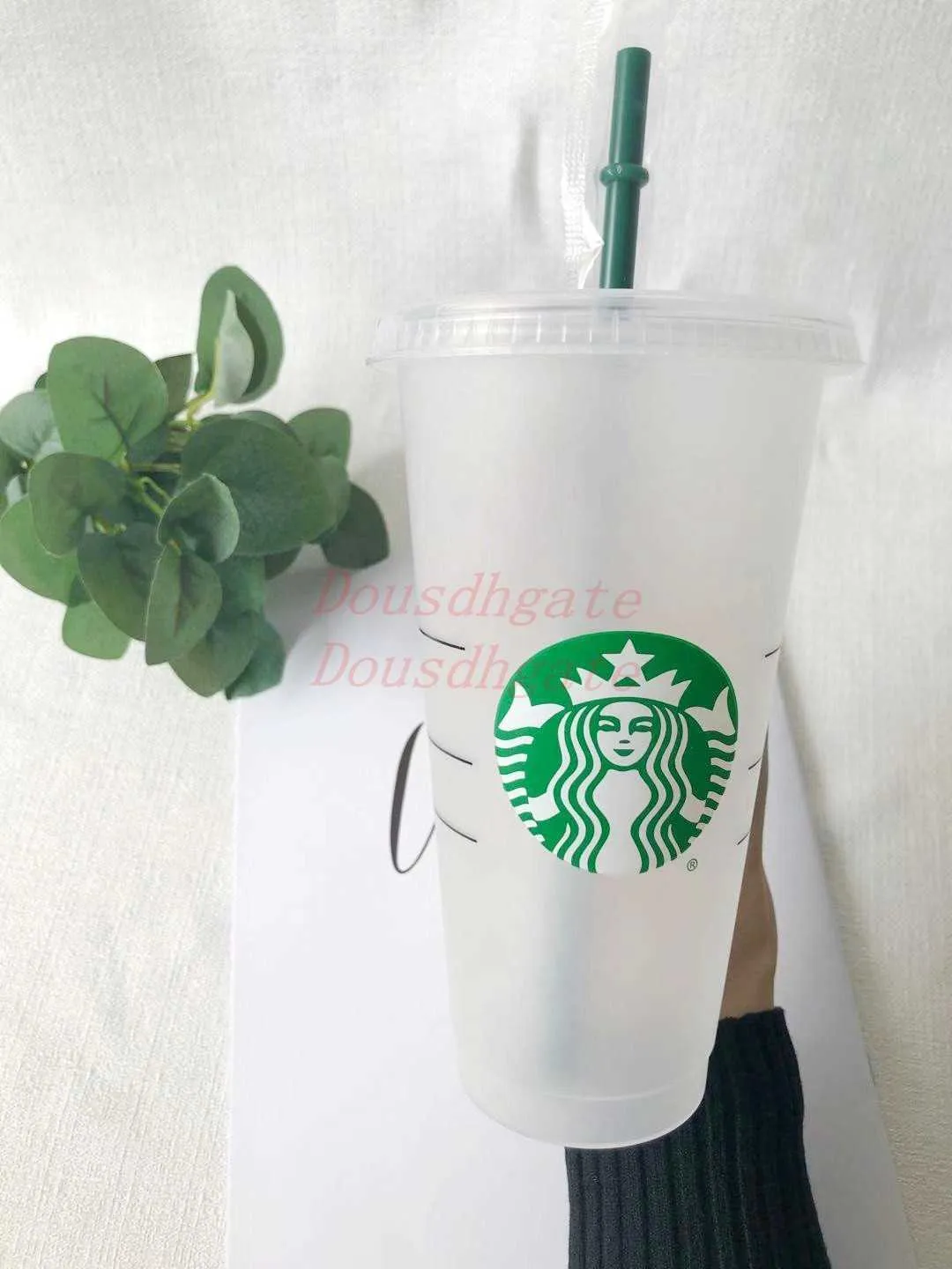 Starbucks 16oz 24OZ Tumblers Mugs Plastic Drinking Juice With Lip And Straw Magic Coffee Mug Costom Transparent cup 50pcs Mug DHL transport RZMW