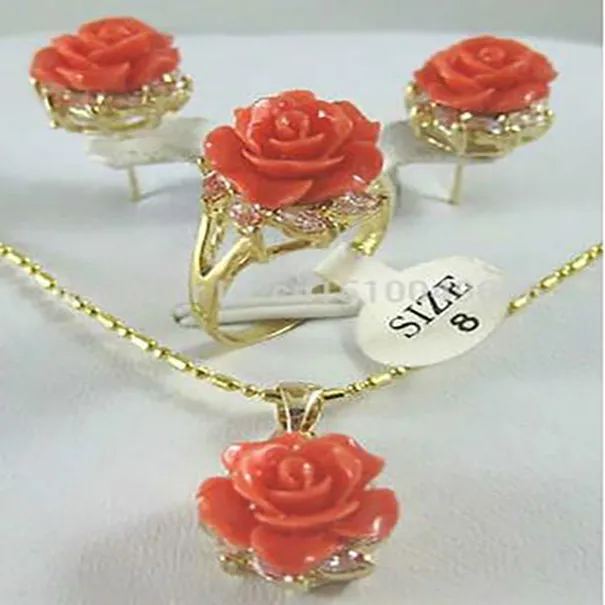 Hermoso plato de oro Rose Coral Collar de flores Pending Anillo de arete Set 6-9#