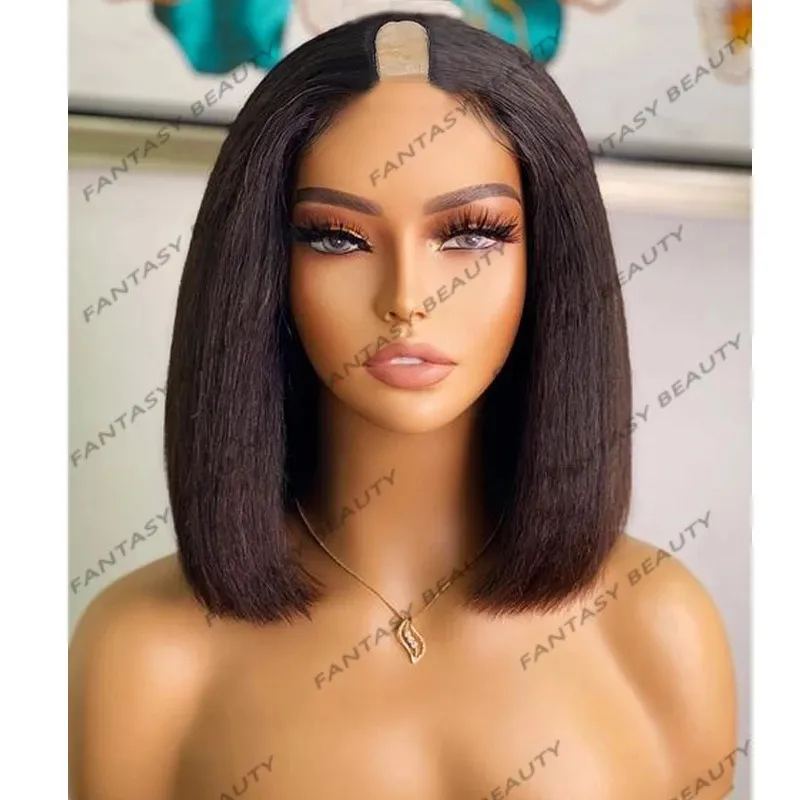 Perruque de cheveux naturels indiens Yaki sans colle, cheveux lisses, U Part, densité 180, réglable, courte, Bob V Part, pour femmes noires