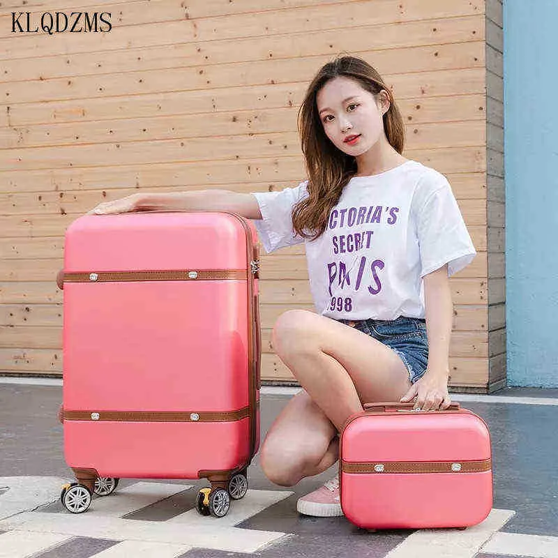Klqdzms ''''''inch Retro Suitcase On Wheels With Cosmetic Bag Abs Vintage Business Travel Trolley Luggage J220707