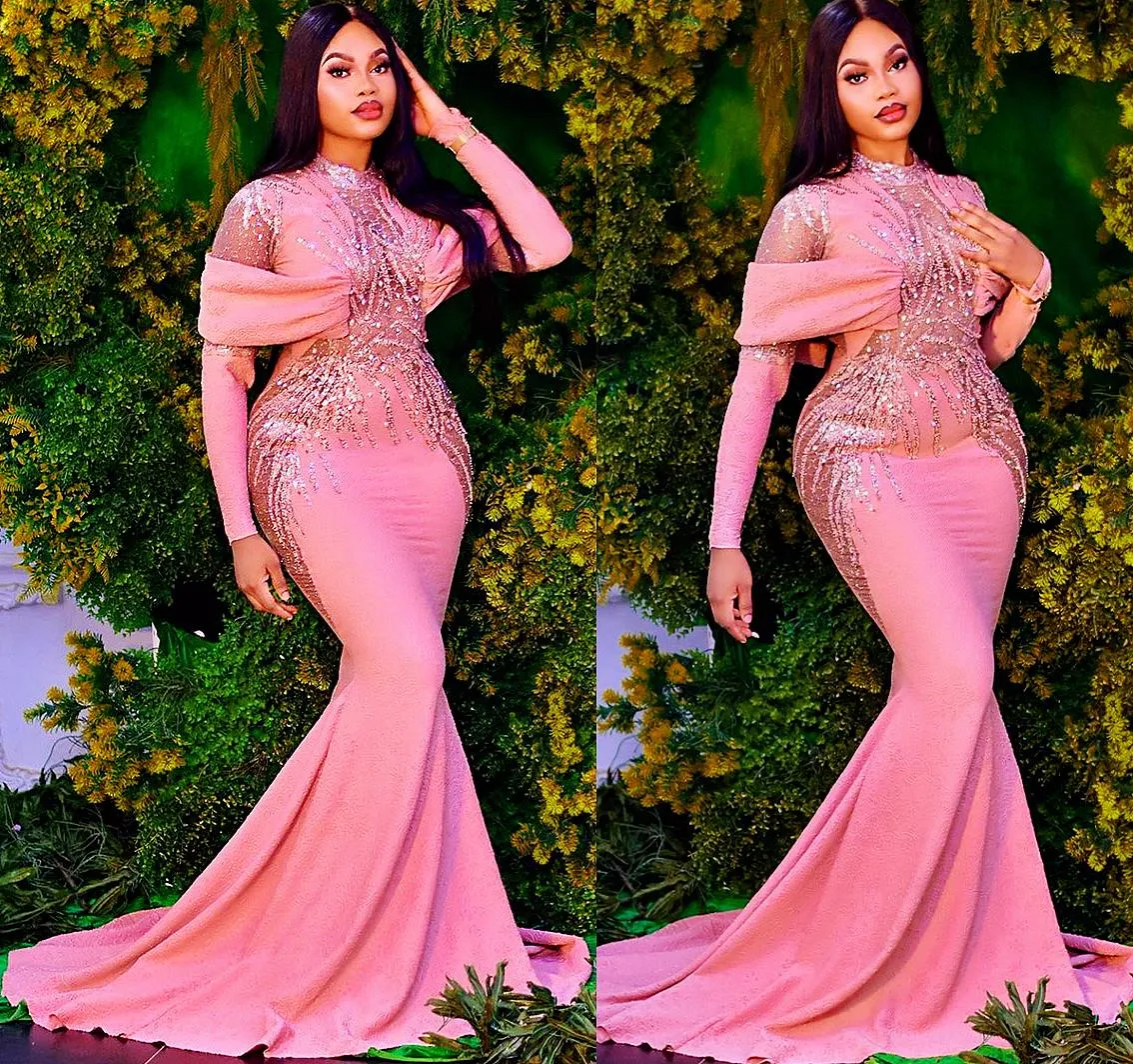 Abiti da sera firmati rosa maniche lunghe paillettes sirena collo alto plus size pieghe abito da ballo abiti formali su misura