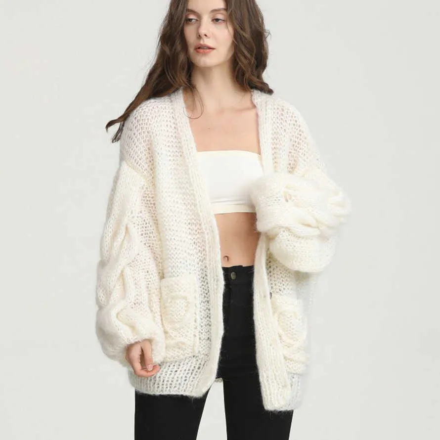 Suéter tecido à mão em crochê mohair solto vento preguiçoso cardigã reto suéter feminino