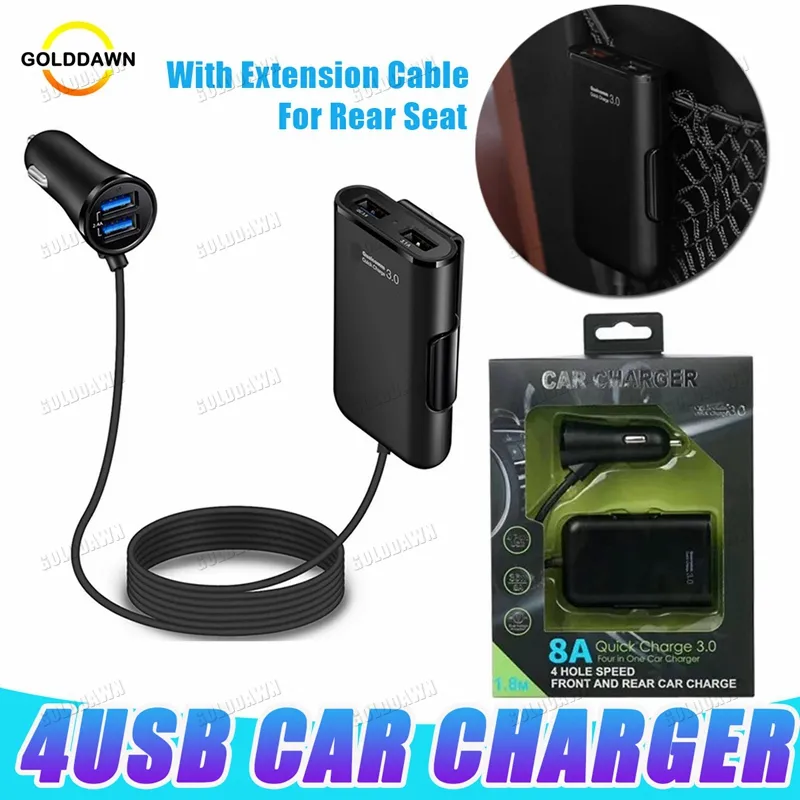 4 portar USB -bilens mobiltelefonladdare med 1,7 m förlängningskabel för baksätebil QC 3.0 Snabbadapterladdare
