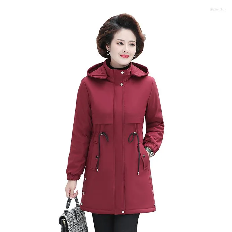 Damskie okopy płaszcze jesienne zimowe kurtka kobiety Parka plus aksamitne ciepłe z kapturem płaszcz w średnim wieku bawełniany płaszcz z wiatrem wiatrówki
