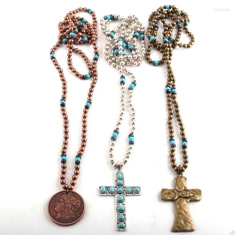 Pendant Necklaces Fashion Bohemian Tribal Jewelry 6mm Metal Beads / Turq Long Knotted Cross