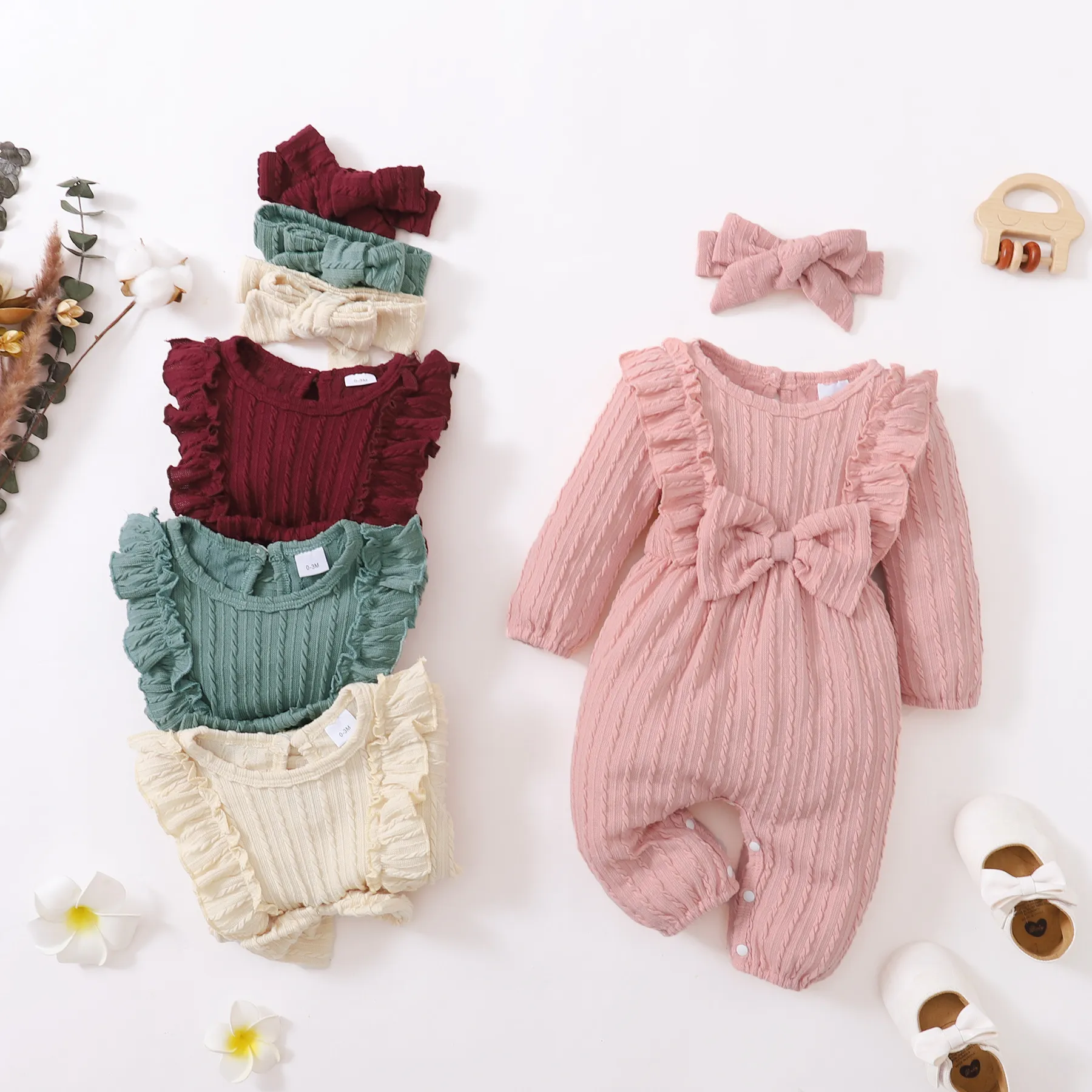 Ins bébé enfants vêtements fille barboteuse col rond manches longues dentelle conception couleur unie barboteuse bandeau infantile Simple 100% coton