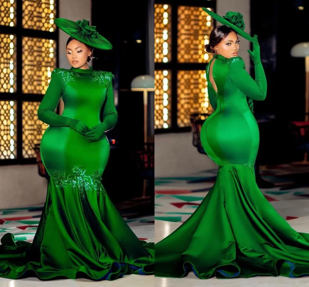 Elegant Green Mermaid Evening Dress Long Sleeve, Pleated, Open