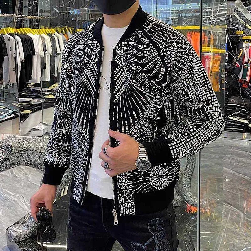 Jaquetas Masculinas Jaqueta Masculina Retro Jaqueta Masculina Jaqueta Bomber Diamond Coat Fashion Strass Punk Club Outfit Slim