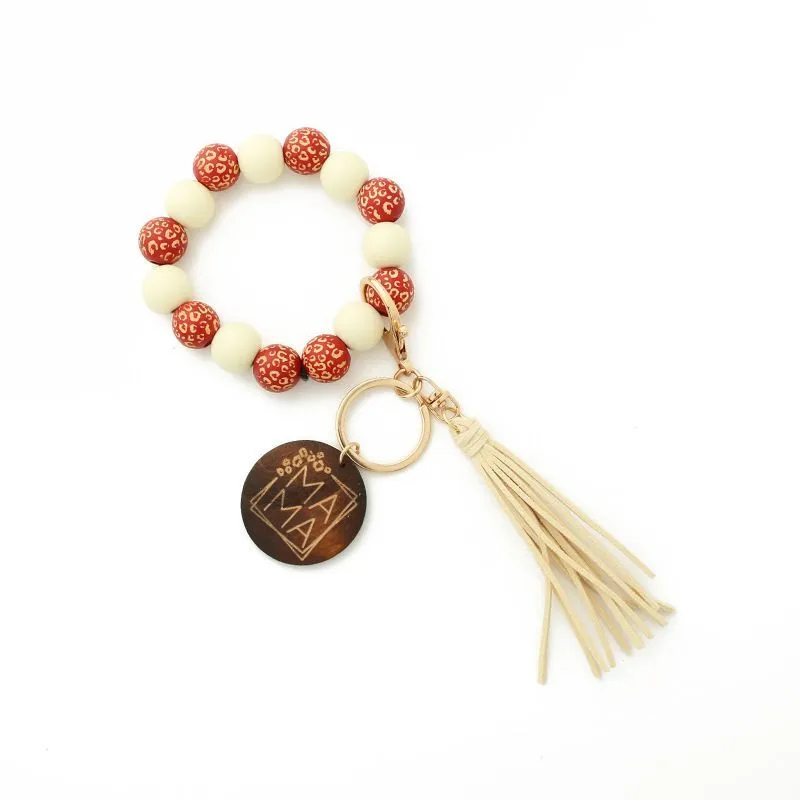 Party Favor Leopard Wood Beads Bracelet Keychain Women Leather Tassel Wristlet Key Chain for gift MAMA Letters C1110