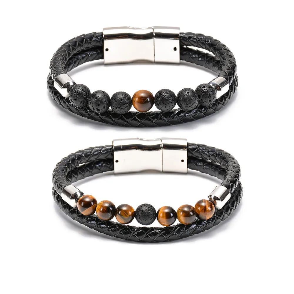 Mode Energie Natürliche Lava Steine Weiß Howlith Zweireihiges Leder Seil Armband Männer Stein Perlen Armband Yoga Armbänder