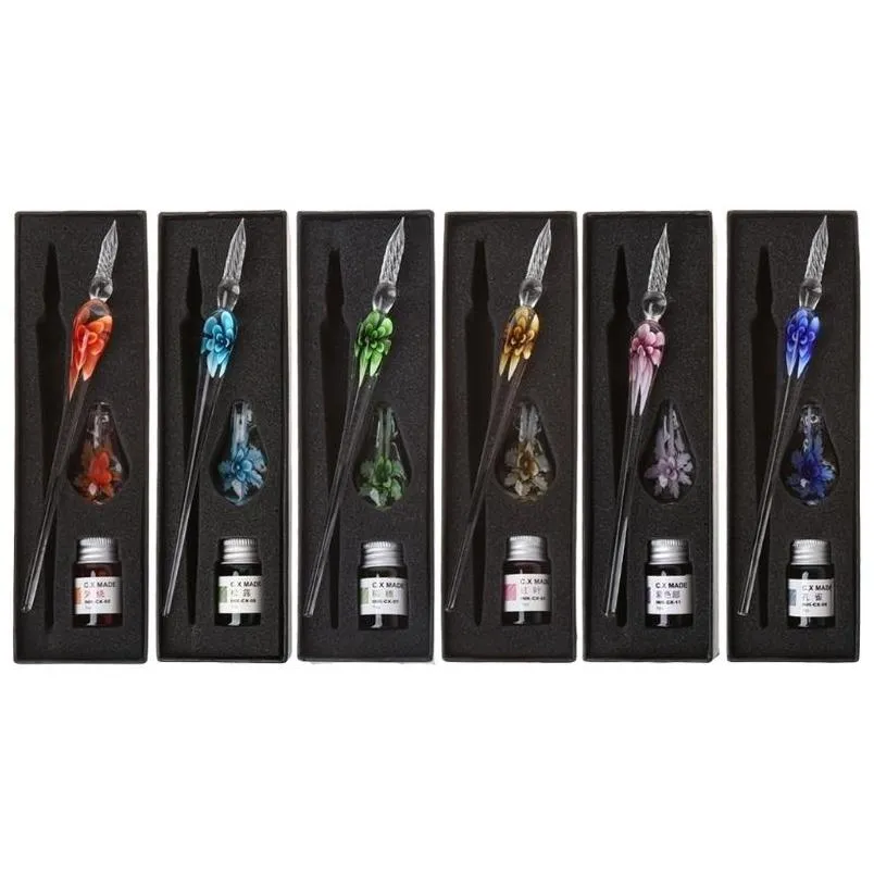 Fountain Pens Vintage Handmade Art Elegant Crystal Floral Glass Dip Pen Sign Ink Pens cadeau 201202 Drop Delivery Office School Busine DHZNV