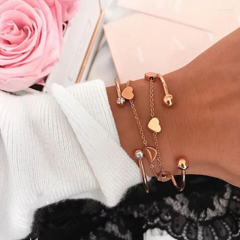 Браслеты очарования Mavis Hare Rose Gold 7 Bracelet Love Love с кристаллом и шарикой из нержавеющей стали