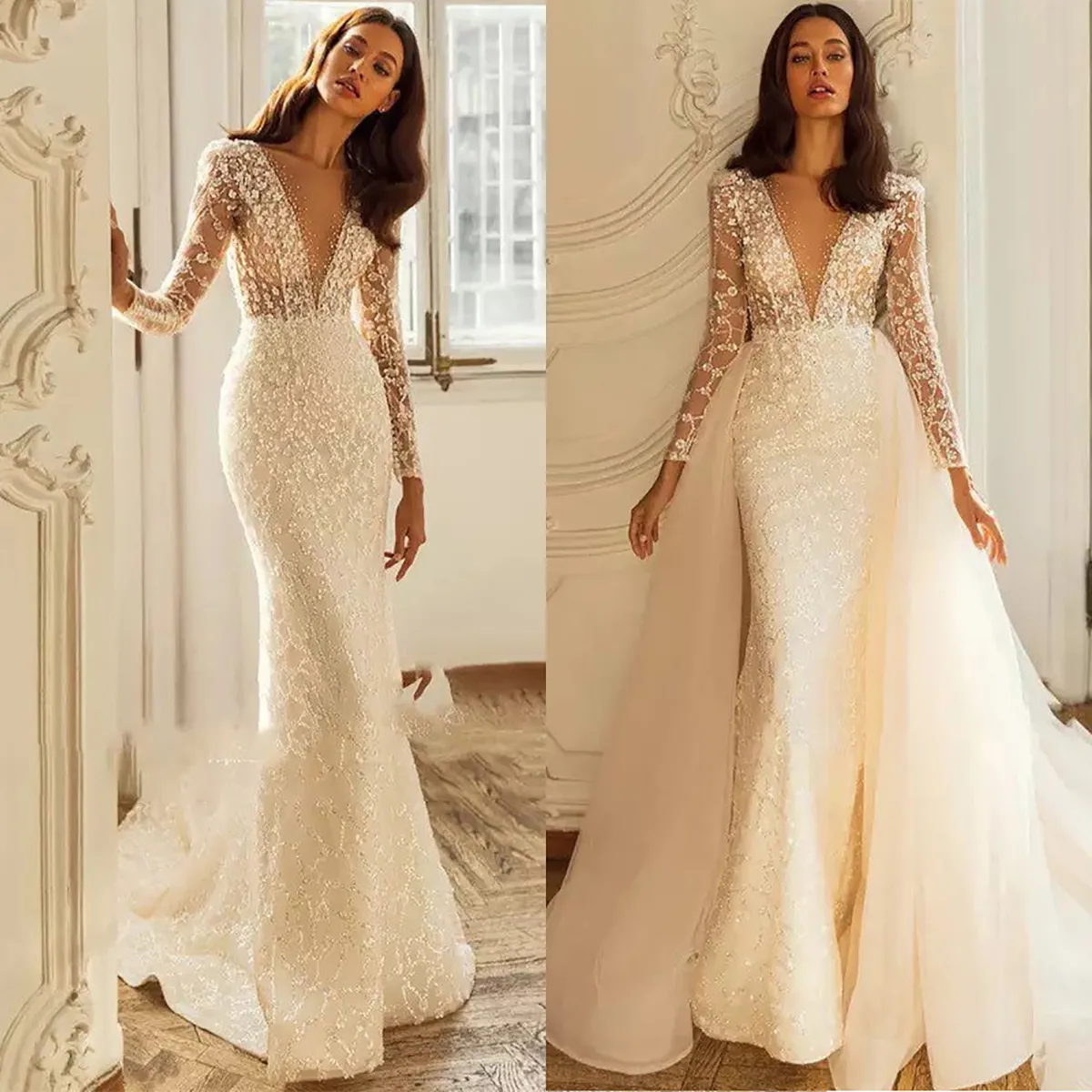 Elegantes vestidos de novia de sirena Bateau transparente con cuello en V Mangas de encaje para solicitantes de flores con remolque desmontable Vestido de capilla por encargo Tallas grandes Vestidos De Novia