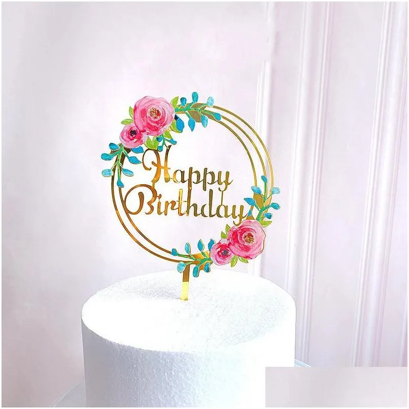 その他のお祝いのパーティー用品ファッションケーキ装飾カード挿入アクセサリーがアクリルの花を愛する新しい幸せな装飾