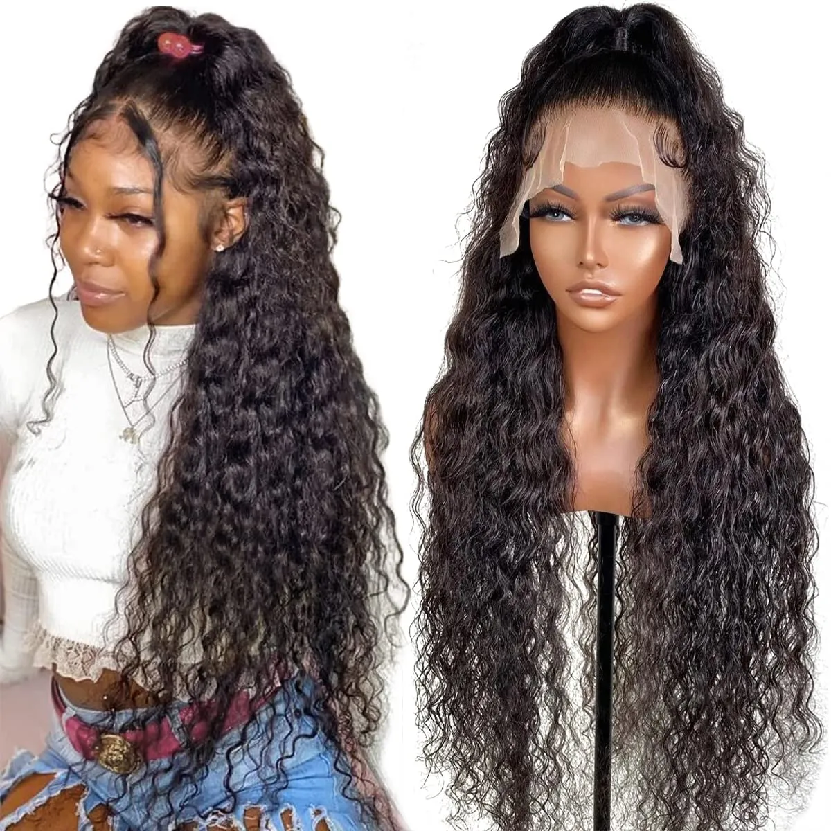 Pelucas de cabello humano de encaje completo rizado transparente 360 pre arrancadas Onda de agua HD 360 pelucas delanteras frontales virgen brasileña para mujeres negras 130%