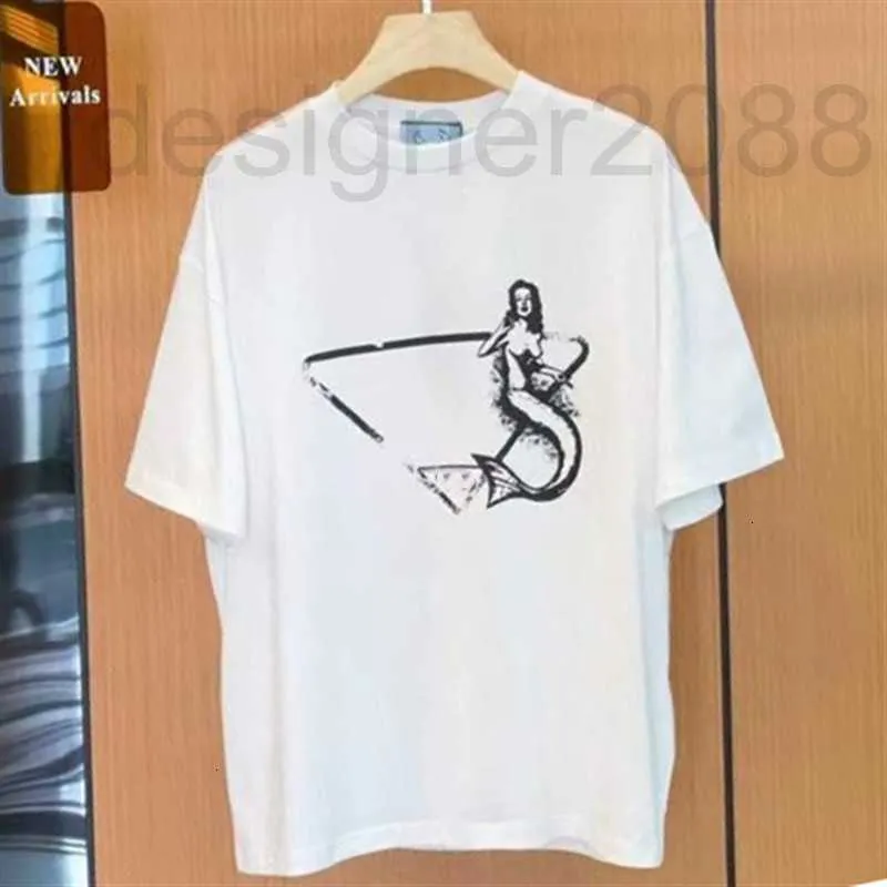 Damen-T-Shirt Designer P Home 2022SS Frühjahr Neues Meerjungfrau-Muster Skizzendruck Dreieck Lose Kurzarm-Baumwoll-T-Shirt Damen-Top J0ON