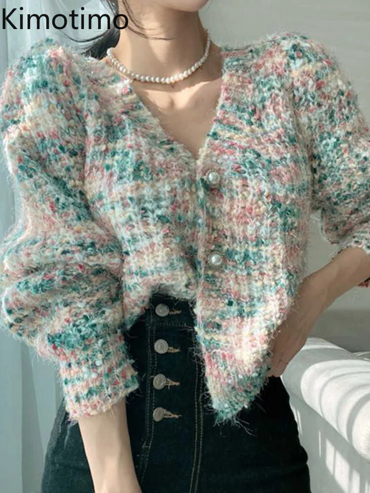 Women's Sweaters Kimotimo Candy Mixed Color Knitted Sweater Women Autumn Winter Vhals Pearl Button Vests Korean Chic Sweet Long Sleeve Tops J220915