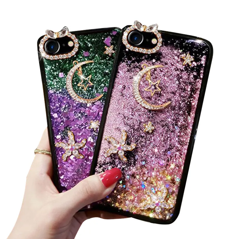 Premium Design Apple Cases Silicone Quicksand Rhinestone Cell Phone Case Star Moon Girls Protective Back Covers For iPhone14 13 12 Pro max 11 XS With Wrist Band Retail