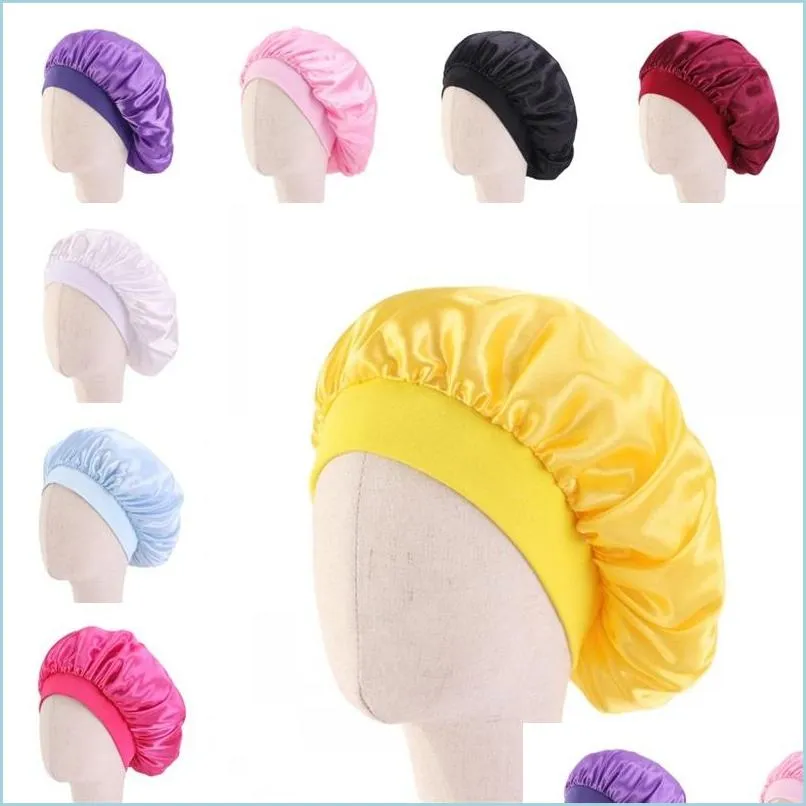 Shower Caps Silk Hair Bonnets Satin Round Head Bath Hat Shower Caps Wrap Fitted Sleep Hats Wide Elasticity Showers Room Accessories Dh3Wf