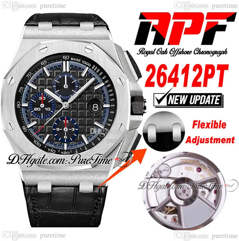 APF 2641 A3126 Automatik-Chronograph Herrenuhr 44 mm Stahlgehäuse Schwarz Blau strukturiertes Zifferblatt Stick-Marker Leder Super Edition Puretime-Armband Exklusive Technologie B2