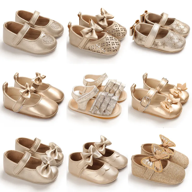 First Walkers Golden Born Baby Baptism Walking Shoes Elegant and Gold Princess bekväma mjuka sulor Nonslip 221124