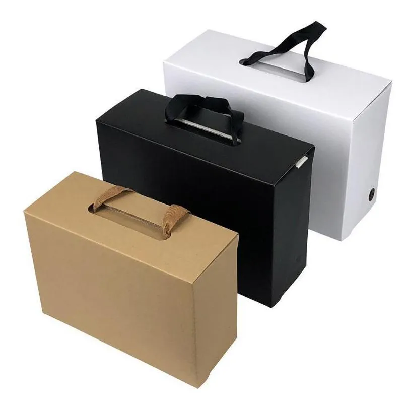 Cadeau Wrap Papier Kraft Boîte d'emballage cadeau Noir Brown Rec Emballage Case Fold Corde Fourre-tout Carton Vêtements Chaussures Maison Blanc Portable M2 Drop Del Dhuit