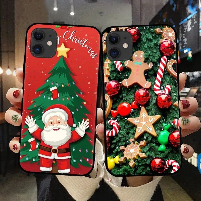 Kerst Kerstcadeau Zachte TPU Cases Voor iPhone 15 14 Plus Pro Max 13 12 11 XS MAX XR X 8 7 6 6S Vrolijke Kerstman Hoed Boom Sneeuw Sneeuwpop Rood Zwart Gel Telefoon Cover Back Skin Coque