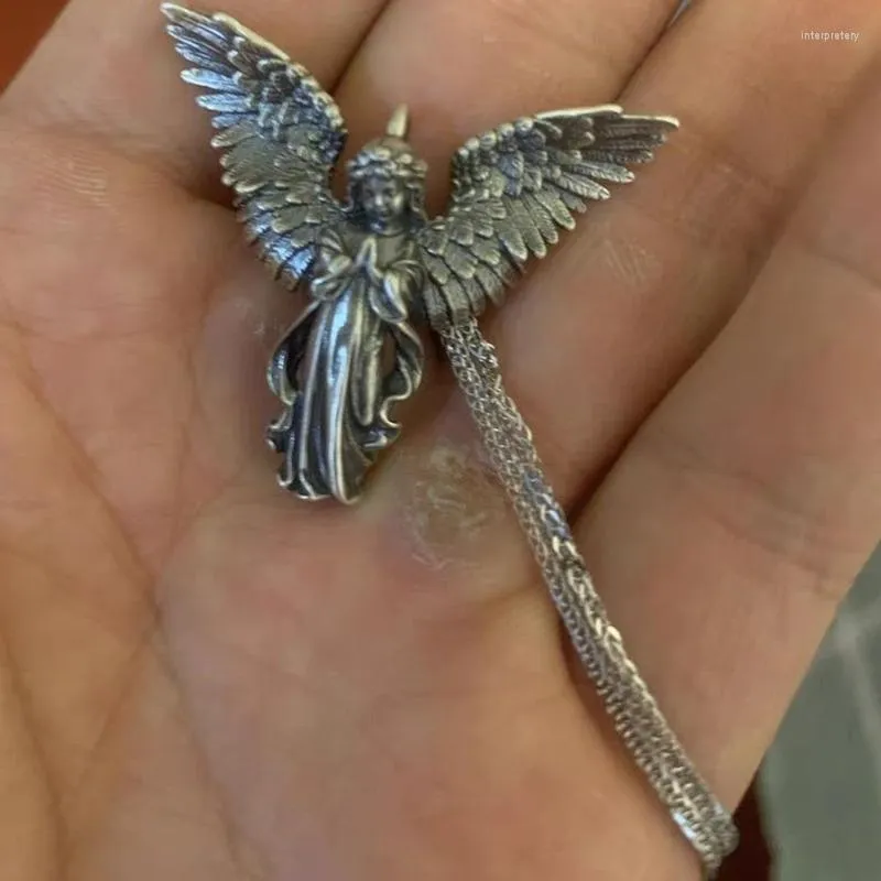 Pendentif Colliers D7WB Wing Angel Collier en acier inoxydable Bienheureuse Vierge Marie Charme Clavicule Chaîne Priez Bijoux pour anniversaire unisexe