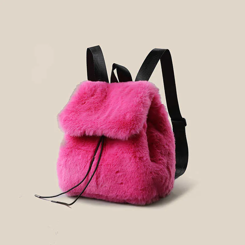 HBP Backpack Style Plush Backpack for Women Large Capacity Y2k Rabbit Hair Hot Girl Versatile Rose Red Schoolbag for Students Cute Fur Bag Backpack 221125