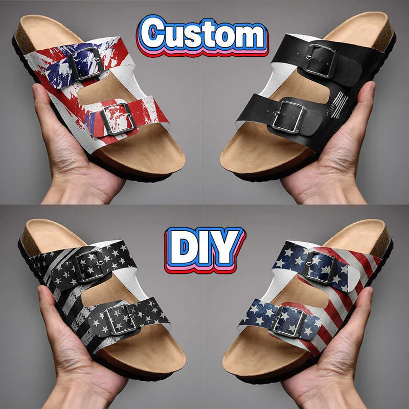 With Box Printed shoes Custom Sandal Cork Sandals Sneaker Men women DIY pattern slides Customized fashion style summer mens slippers eur