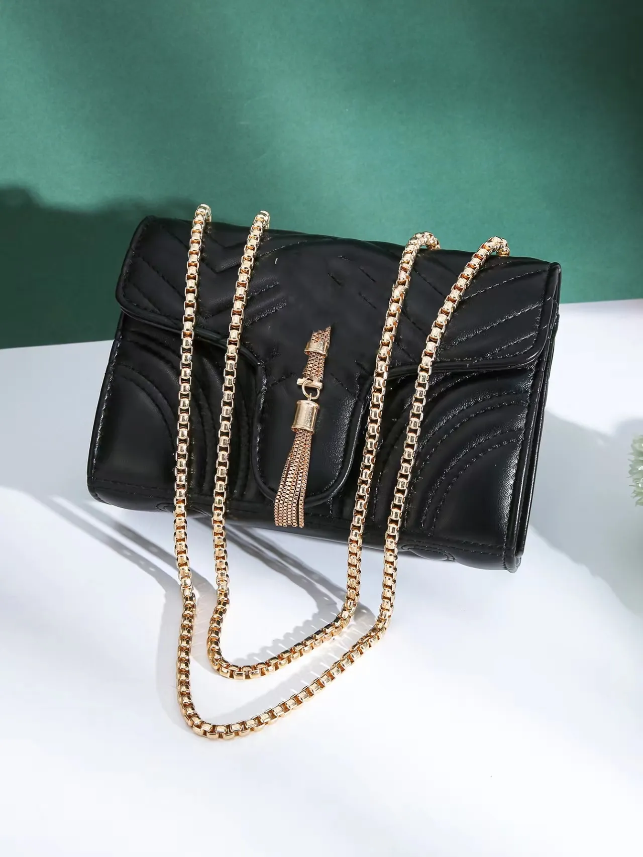 Designer Black Mini Shoulder Bag With Chain Closure, Flap Clutch, And