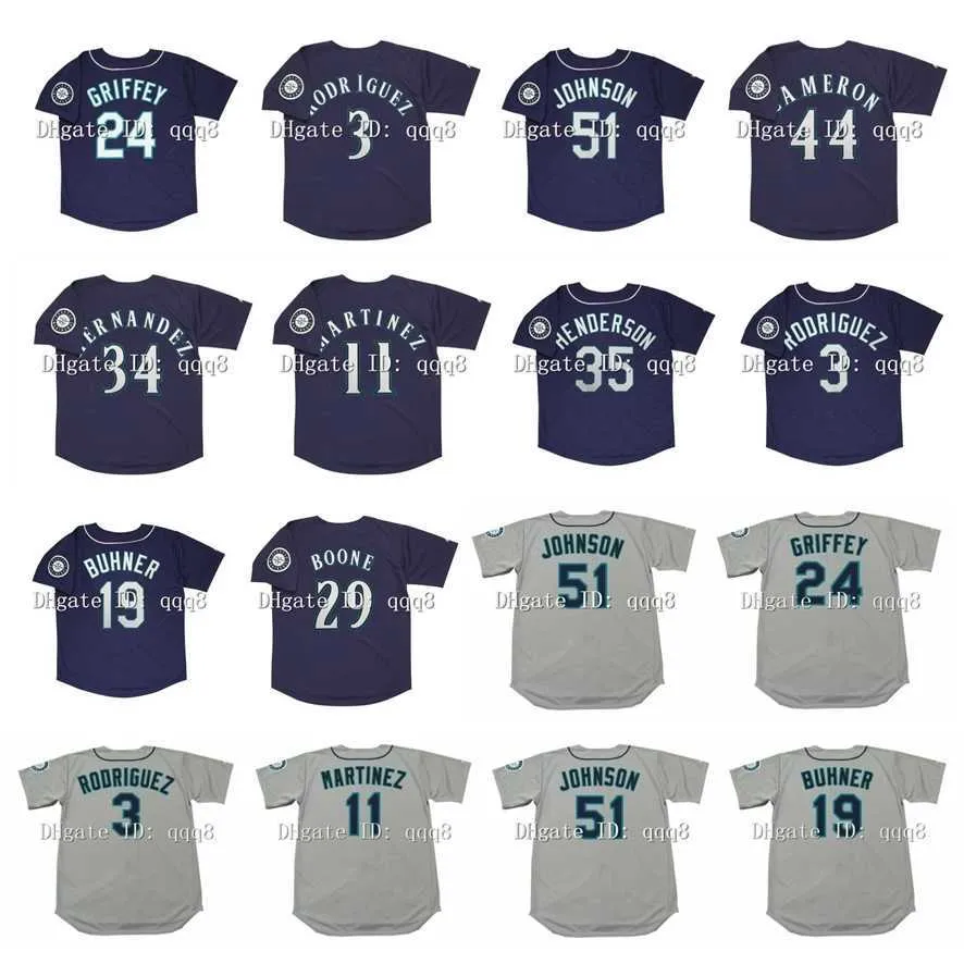 College Baseball Wear 1999 Retro 24 Ken Griffey Jr. Jersey 3 Alex Rodriguez 44 Mike Cameron 51 Randy Johnson 34 Rickey Felix Hernandez 11 Edgar Martinez 29 Bret