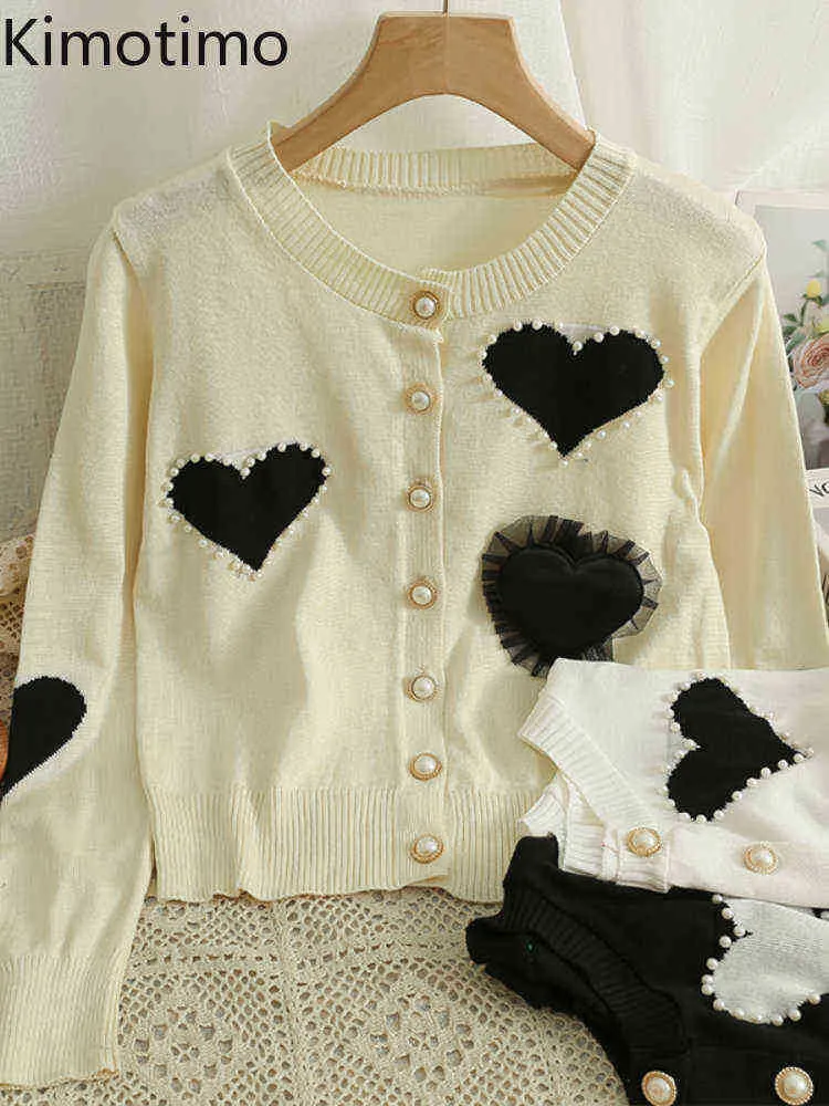 Women's Sweaters Kimotimo Heart Stitching Mesh Beaded Knitted Cardigan Women 2022 Autumn Sweet O Neck Sweater Korean Chic Long Sleeve Design Tops J220915