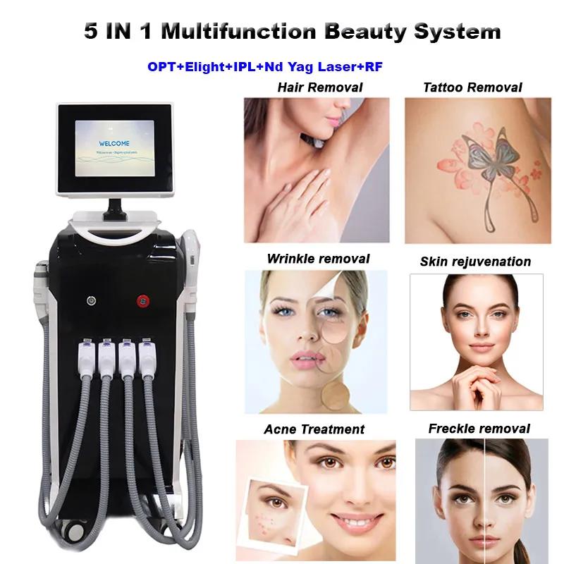 5 in 1 Opt IPL Elight Fast Fair Removal Machine RF Skin Rejuvenation Face Libe Veauty Equipment Nd Yag Laser Tattoo Removal