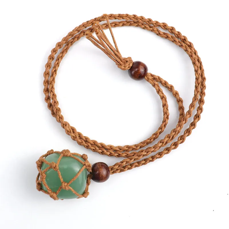 Woven Natural Crystal Stone Net Bag Pocket Pendant Necklace Healing Reiki Hangings Quartz Craft Adjuatable Brown Weave Rope Wholesale