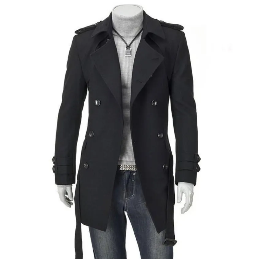 Hommes Trench Coats Hommes Hiver Slim Double Boutonnage Manteau Longue Veste Pardessus Outwear Noir Taille L/US S1