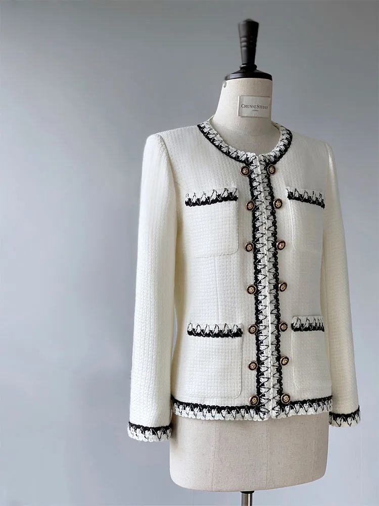 Veste en Tweed à manches longues et col rond pour femme, veste en laine à Double boutonnage, avec bordure contrastée, automne 2022, blanc, noir, manteau court, vêtements d'extérieur, A2N246366