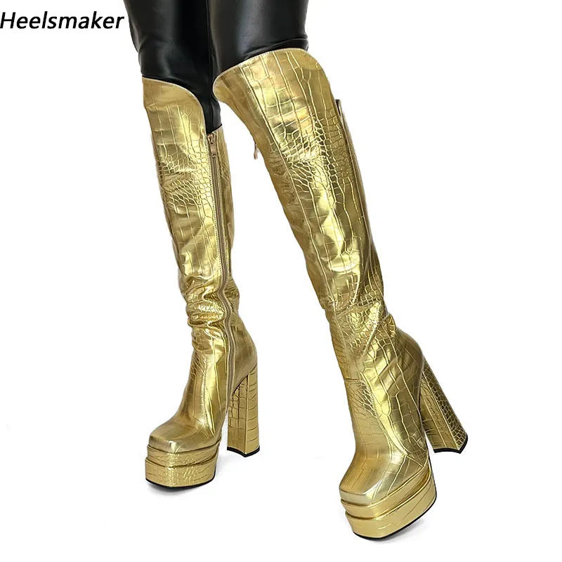 Heelsmaker Handgefertigte Damen-Winter-Kniestiefel aus Kunstleder mit Blockabsatz, quadratischer Zehenbereich, hübsche goldene Cosplay-Schuhe für Damen, US-Größe 3–10,5