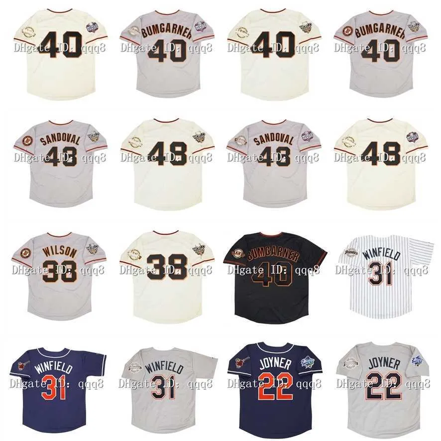 ترتدي الكلية البيسبول 2012 2012 Retro Madison Bumgarner Jersey 48 Pablo Sandoval 38 Brian Wilson 1998 Dave Winfield 22 Wally Joyner Vintage Baseball Jerseys