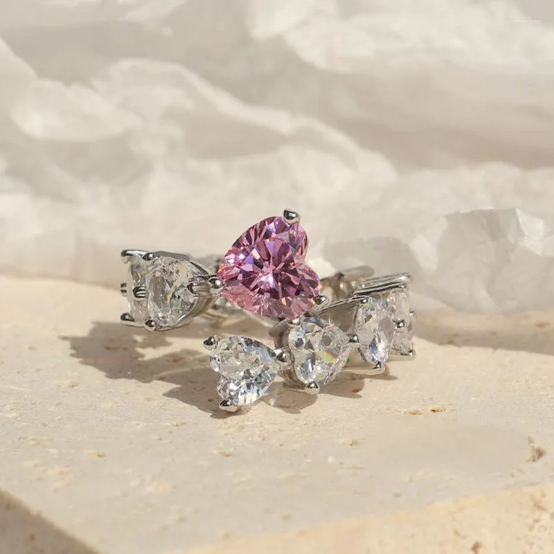 Anillos de boda Romántico Corte de corazón Rosa Cristal Zircon Ajustable Señoras Conjunto de lujo Joyería de compromiso