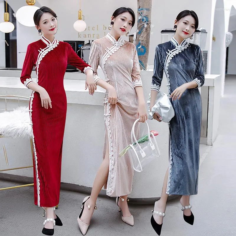 Etnik Giyim Zarif Kadife İnce Çatal Bayanlar Qipao Elbise Vintage Mandarin Yakası Çin Geleneksel Kadınlar Uzun Parti Cheongsam 4xl