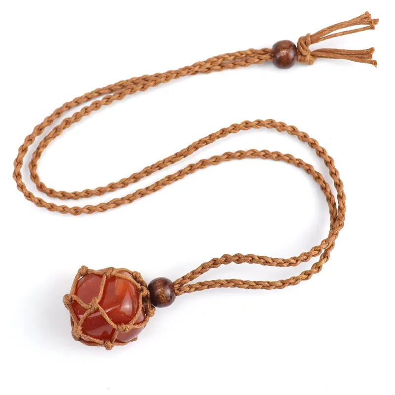 Woven Natural Crystal Stone Net Bag Pocket Pendant Necklace Healing Reiki Hangings Quartz Craft Adjuatable Brown Weave Rope Wholesale