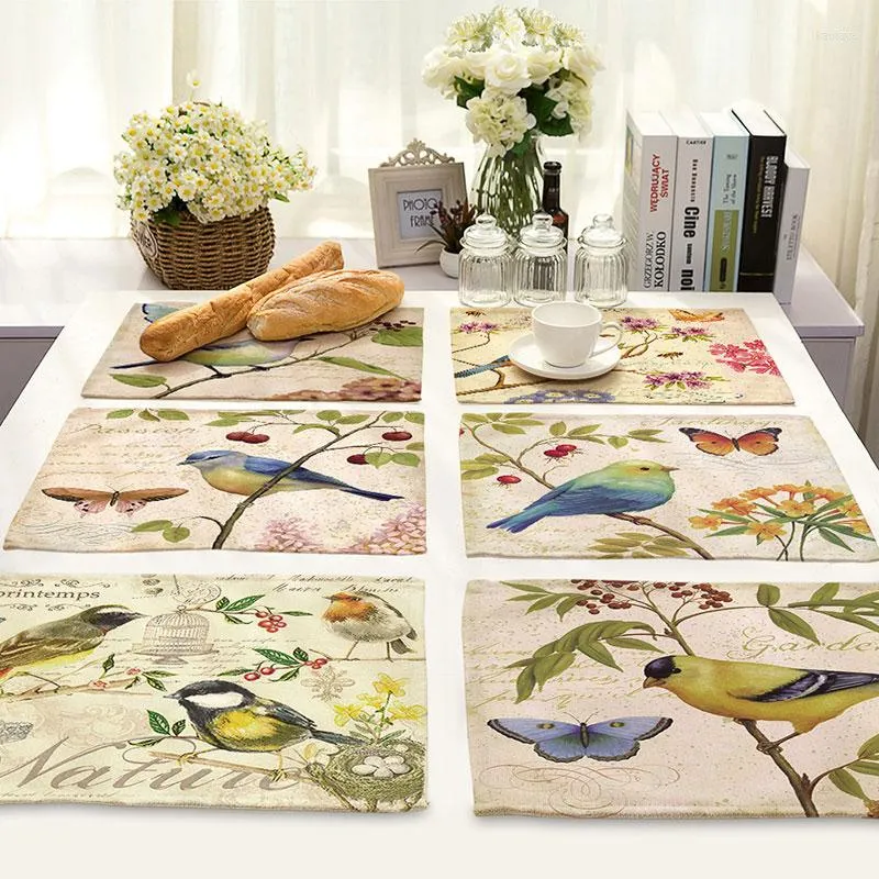 Tafelmatten Placemat Vintage Bloem en Bird Print Dish Glass Bar Mat Drink Coasters Cup Home Textiel Keuken Decor 42 32 cm