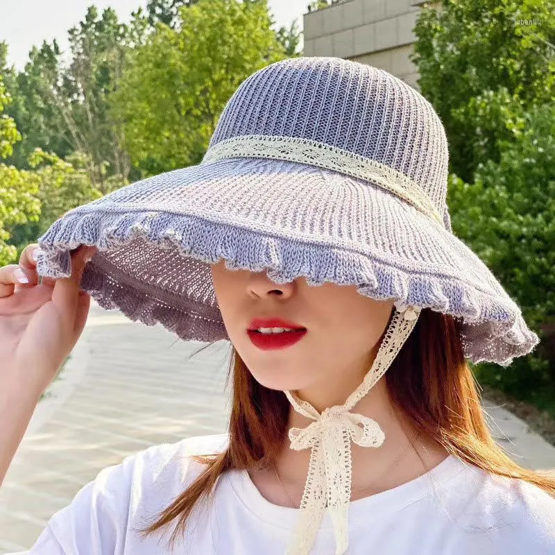 넓은 챙 모자 유행성 단색 바비 노트 선 모자 여성을위한 큰 UV 보호 여름 보헤미안 비치 파나마 버킷 캡