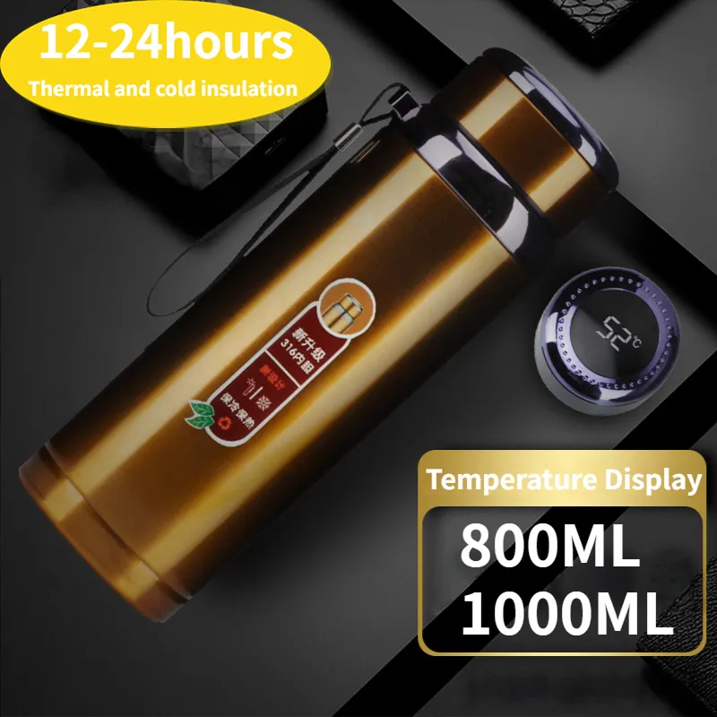 Bouteilles d'eau 800ML 1000ML Bouteille thermique en acier inoxydable Affichage de la température à LED Flacon à vide avec filtre à thé en corde Thermos isolé 221124